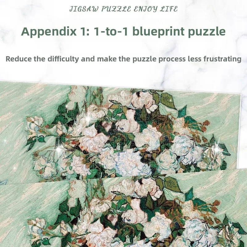 GUBU 1000피스 DIY 퍼즐 성인용 스트레스 해소 - 고흐 화이트 로즈 치료용 아트 장난감 - 교육용 어린이 가족 보드 게임