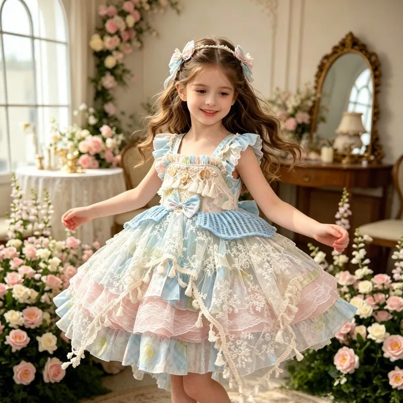 Kids Lolita Dress Ruffle Spaghetti‑strap Tassel Tiered Irregular Tulle Skirt Floral Bow Headband Sweet Children Princess Outfit