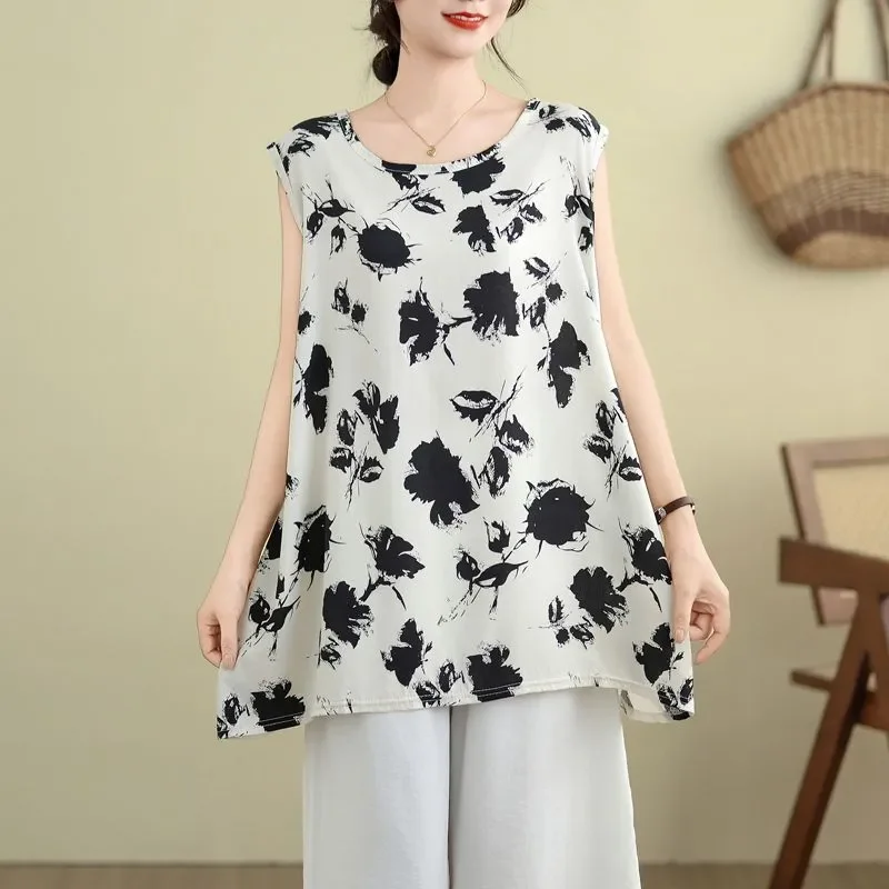 Nuova maglietta da donna ampia e sottile a trapezio Top stampato in stile cinese Canotta versatile ed elegante