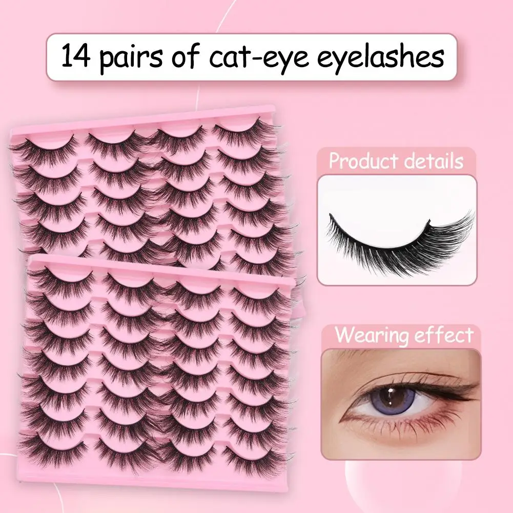 3Dキャットアイラッシュ、ふわふわつけまつげ、ナチュラルルック、つけまつげ14ペア、ボリュームのあるふわふわフェイクミンクまつげエクステ