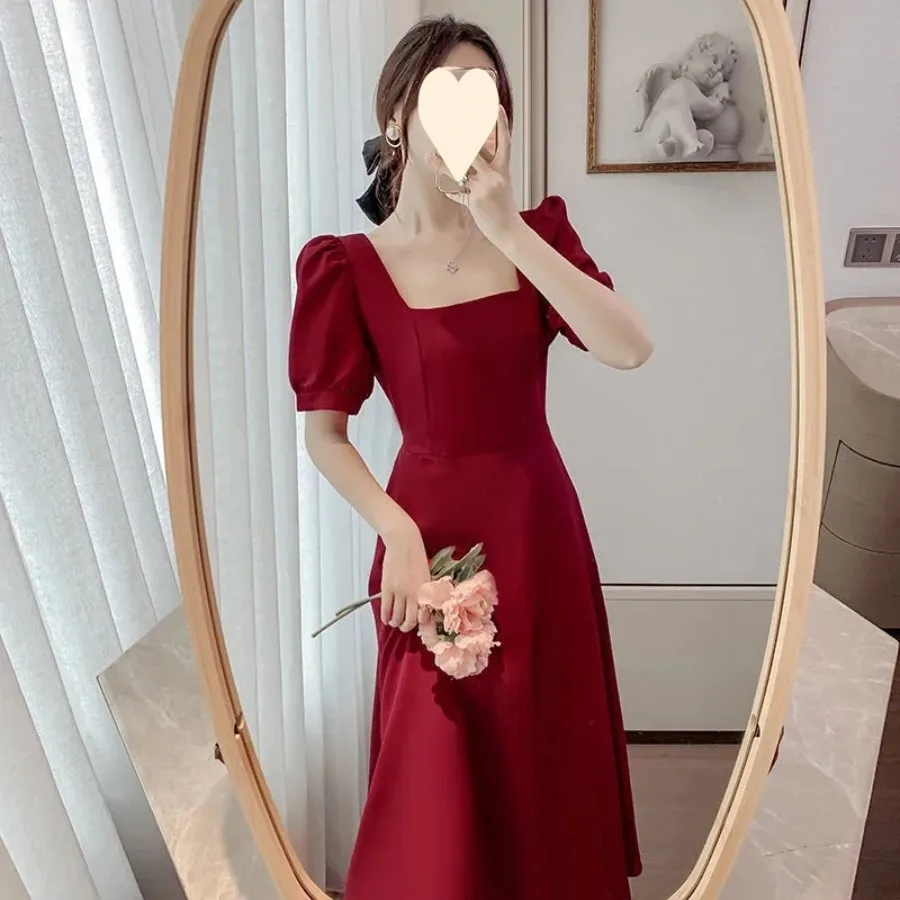 

【New style】Black dress women's summer new style tea break dress temperament square collar over the knee long Hepburn style blac