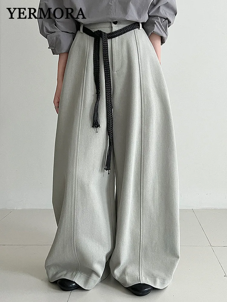 

YERMORA Бежевые повседневные широкие брюки с высокой талией и карманами на поясе для женщин, новые свободные брюки, модные весенне-осенние 2025