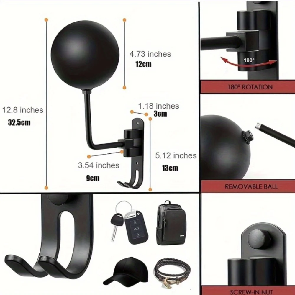 Durable 180° Rotation Aluminum Motorcycle Helmet Wall Mount - 2-Hook Holder for Helmets Jackets