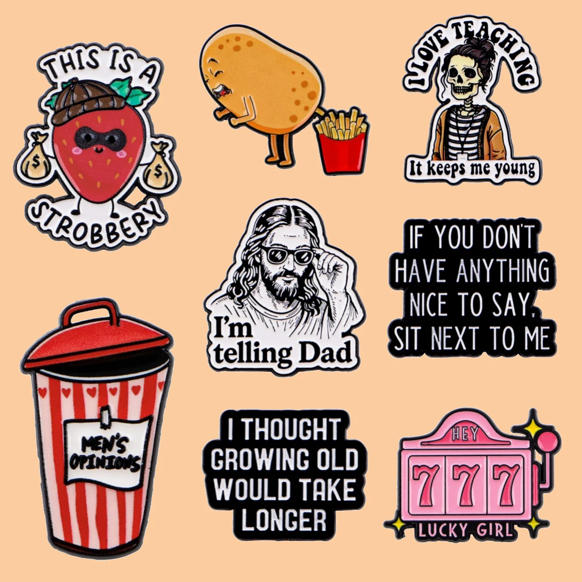Funny Strawberry Quotes Enamel Brooches Lucky Girl 777 Lapel Pin Badge on Backpack For Clothing Accessories Fashion Jewelry Gift