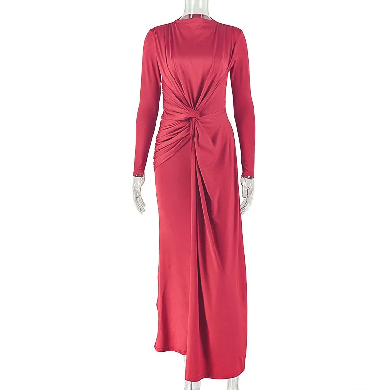 

Solid color slim fit long sleeved hip hugging skirt, round neck temperament, shopping mall party women's tight dress