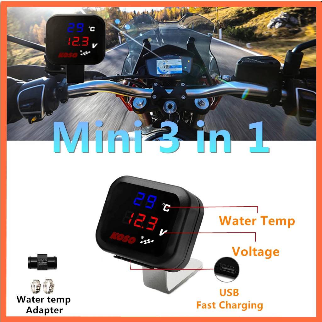 KOSO Water Temp Meter Voltmeter Gauge Motorcycle Phone USB Charger Charging 3 in 1 Waterproof LCD Digital Display