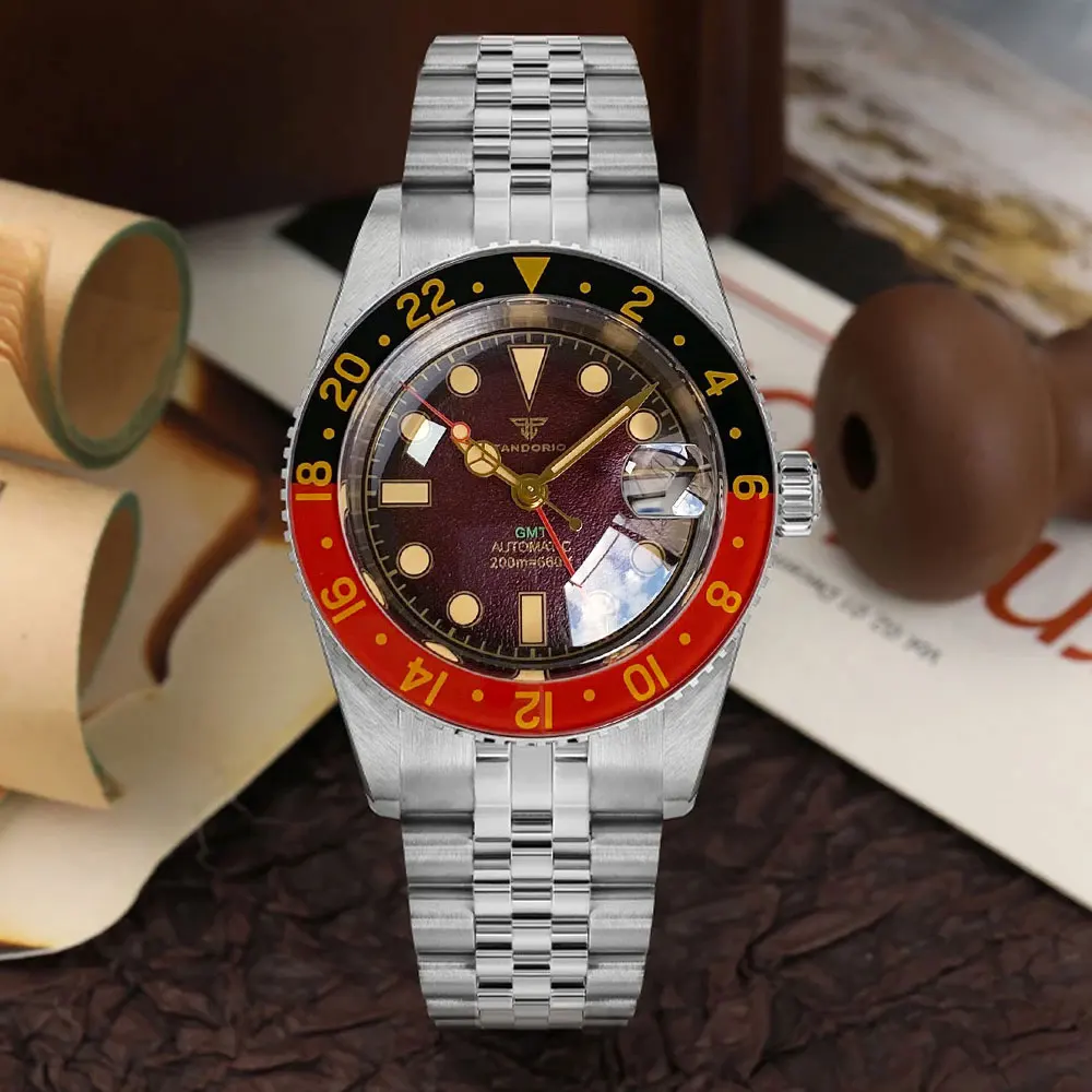 Tandorio الأرجواني الهاتفي خمر 38 مللي متر فقاعة الياقوت NH34A 200 متر مقاوم للماء NH34 GMT التلقائي Movt الغوص ساعة الرجال 120 انقر
