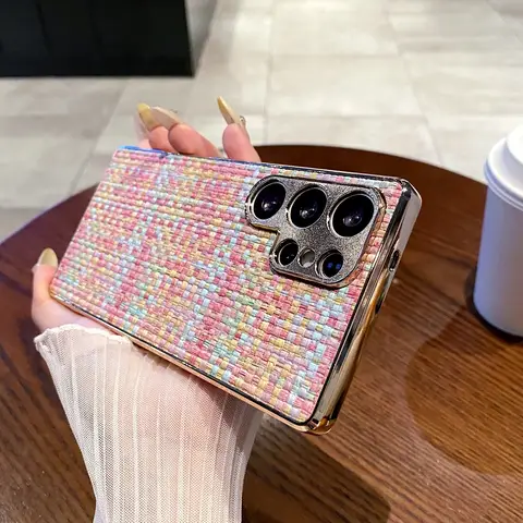 For Samsung Galaxy S26 S25 S24 S23 Ultra Plus FE S25Edge Phone Case Electroplating Woven Pattern Shockproof Protection Shell