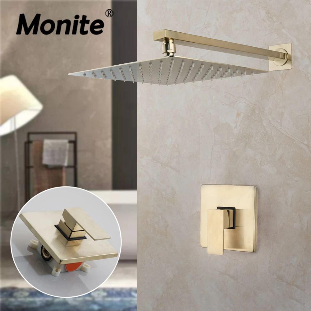 

Monite Luxury 8/10 Inch Brushed Gold Shower Faucet Set Rainfall Shower W/ Embedded Box Mixer Tap Wall Mounted Bathtub Shower Kit