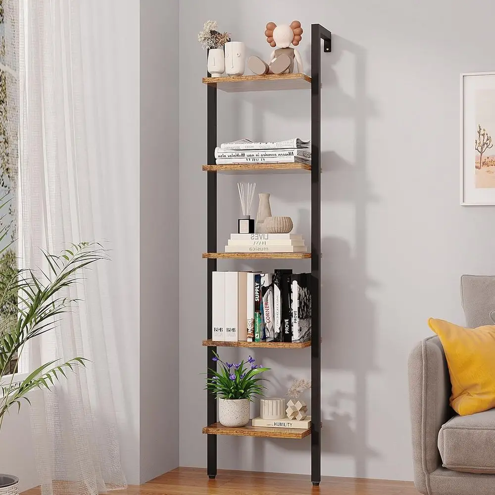 

5 Tiers Ladder Bookcase, Industrial Wall Mounted, Open Display Rack, Wooden Storage Shelves, Bedroom, Home Office, Plant Stand,
