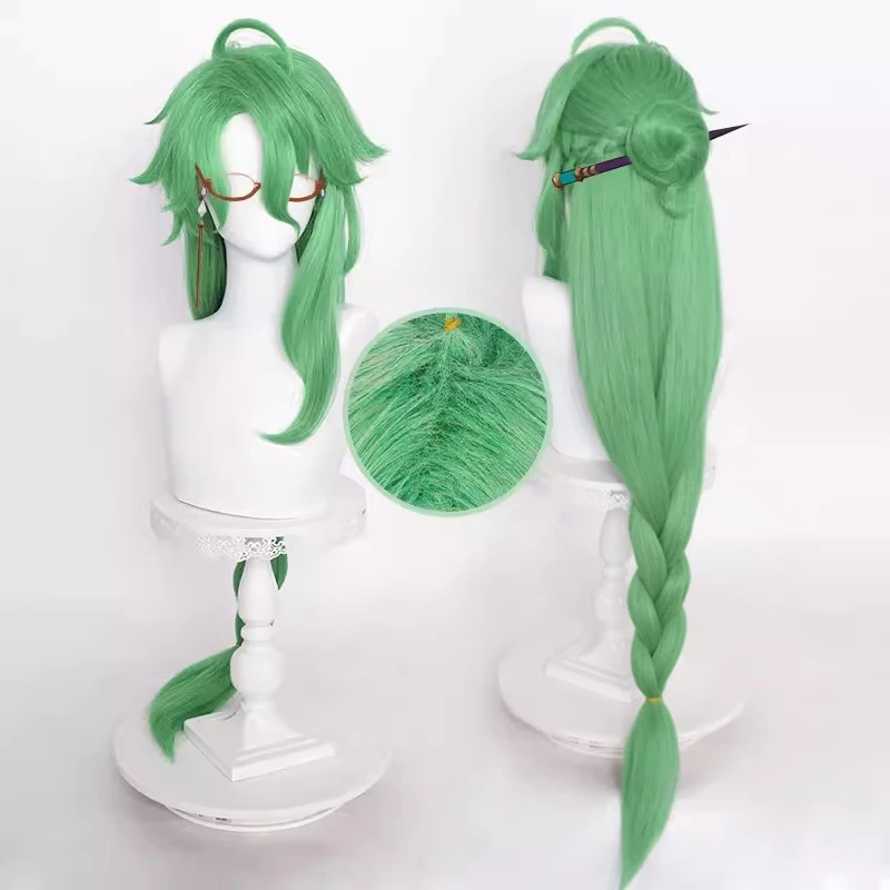 Game Genshin Impact Baizhu Cosplay Wig Grass Green Braid Long Hair Heat Resistant Synthetic Halloween Party Accessories Props