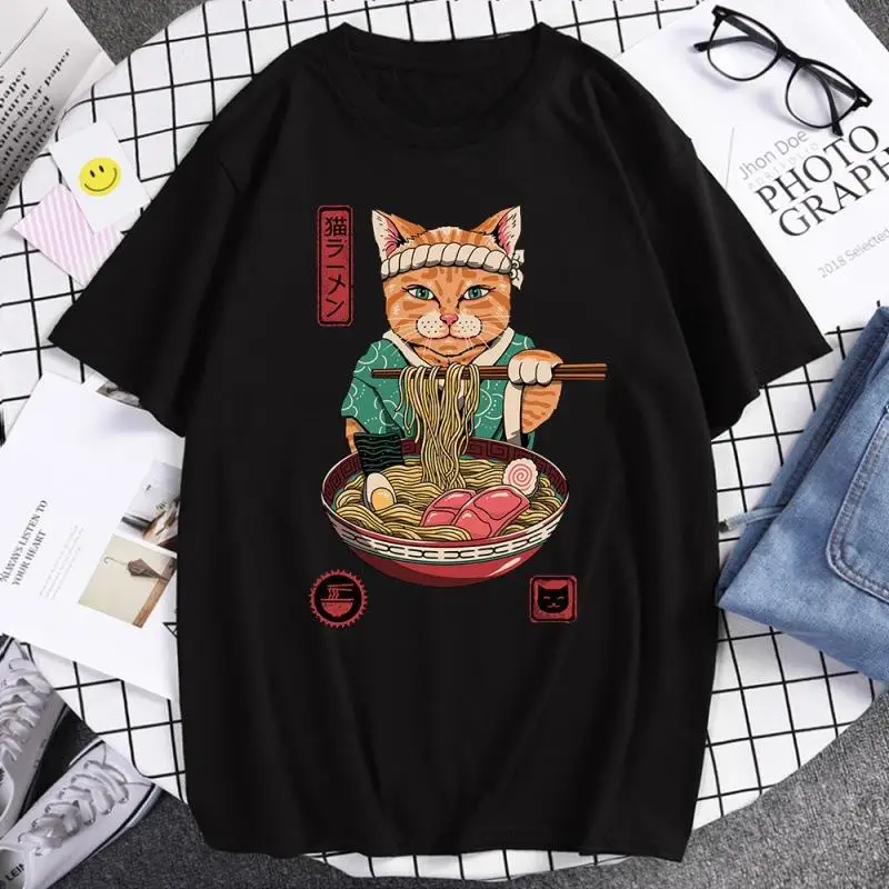 Japanese Harajuku Samurai Sword Cat T-Shirt Men Women Casual Tee Clothes Cotton Summer Tops Breathable Oversized T-Shirts Couple