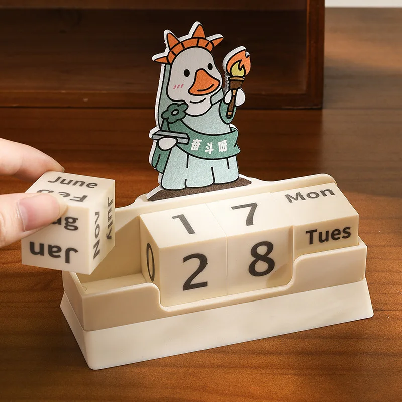 Cute Perpetual Block Desk Calendar,Adjustable Month Date Week Cartoon Animal Desktop Ornament,Table Decor Supplies for Office