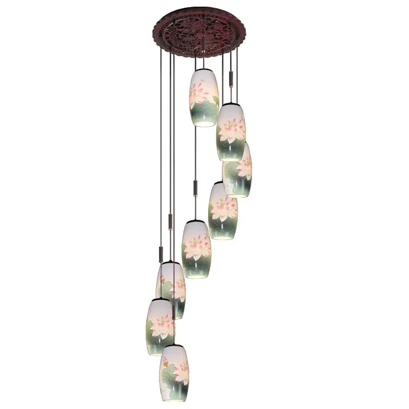 New Chinese staircase chandelier duplex floor empty living room villa solid wood rotating retro classic ceramic lamps