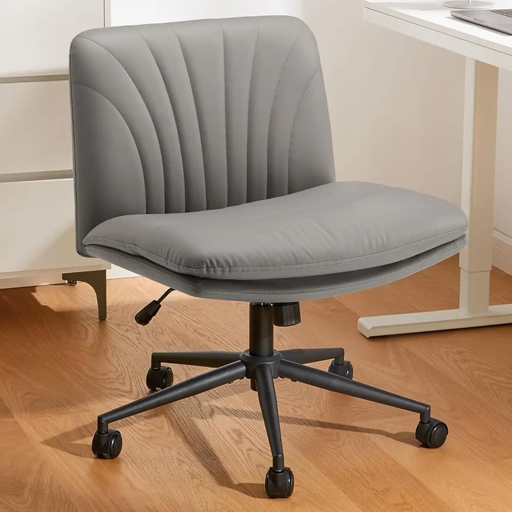 

Armless-Office Desk Chair With Wheels: Pu Leather Cross Legged Wide Chair,Comfortable Adjustable Swivel Computer Task Chairs
