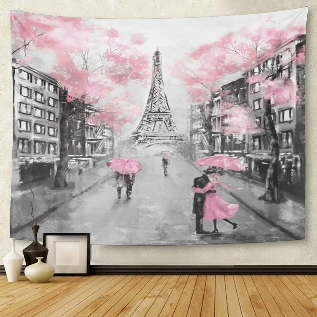 Oil Painting Paris Eiffel Tower Tapestry European City Landscape Wall Hanging Pink Tapestries Living Room Home Wall Decor Cloth