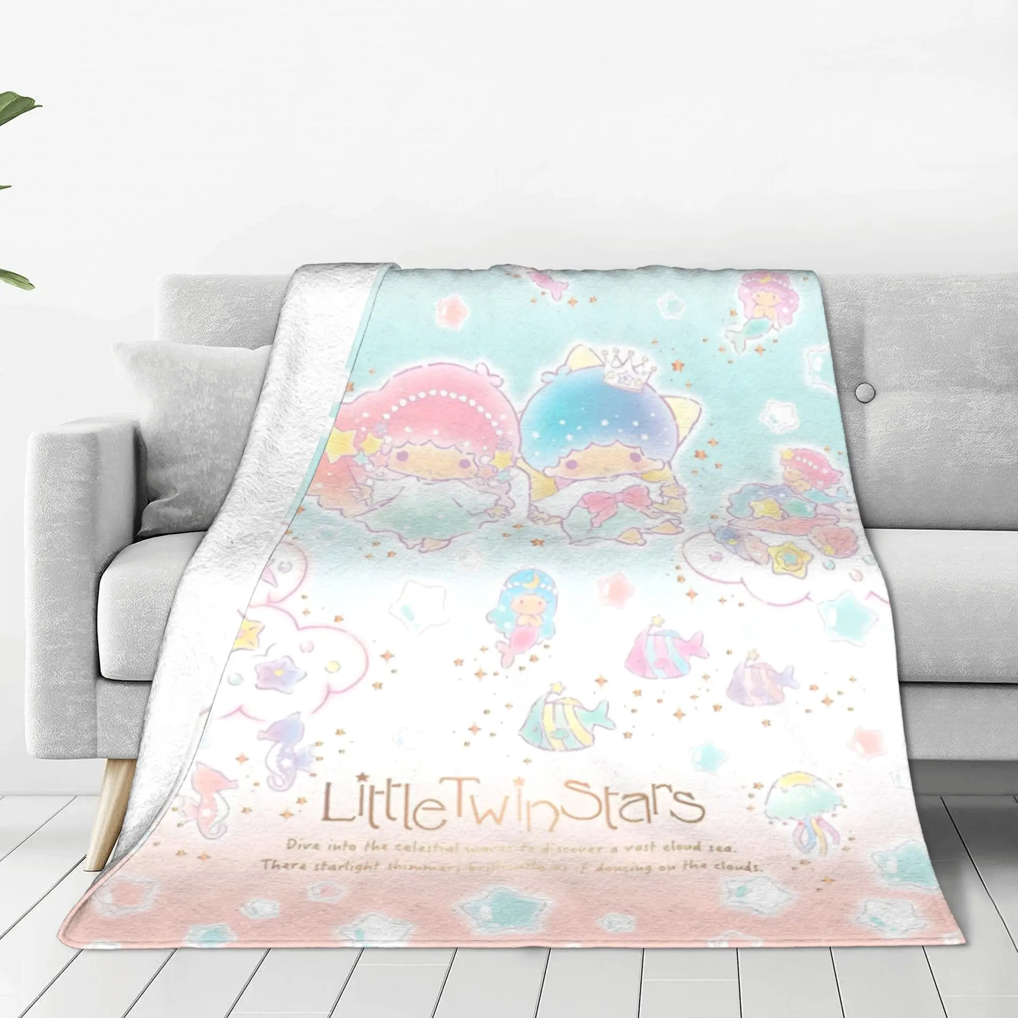 Little Twin Stars Mermaid Ocean Blanket Cartoon Kiki Lala Fleece Throw Blankets Bedspread Printed Soft Warm Multi-function Quilt