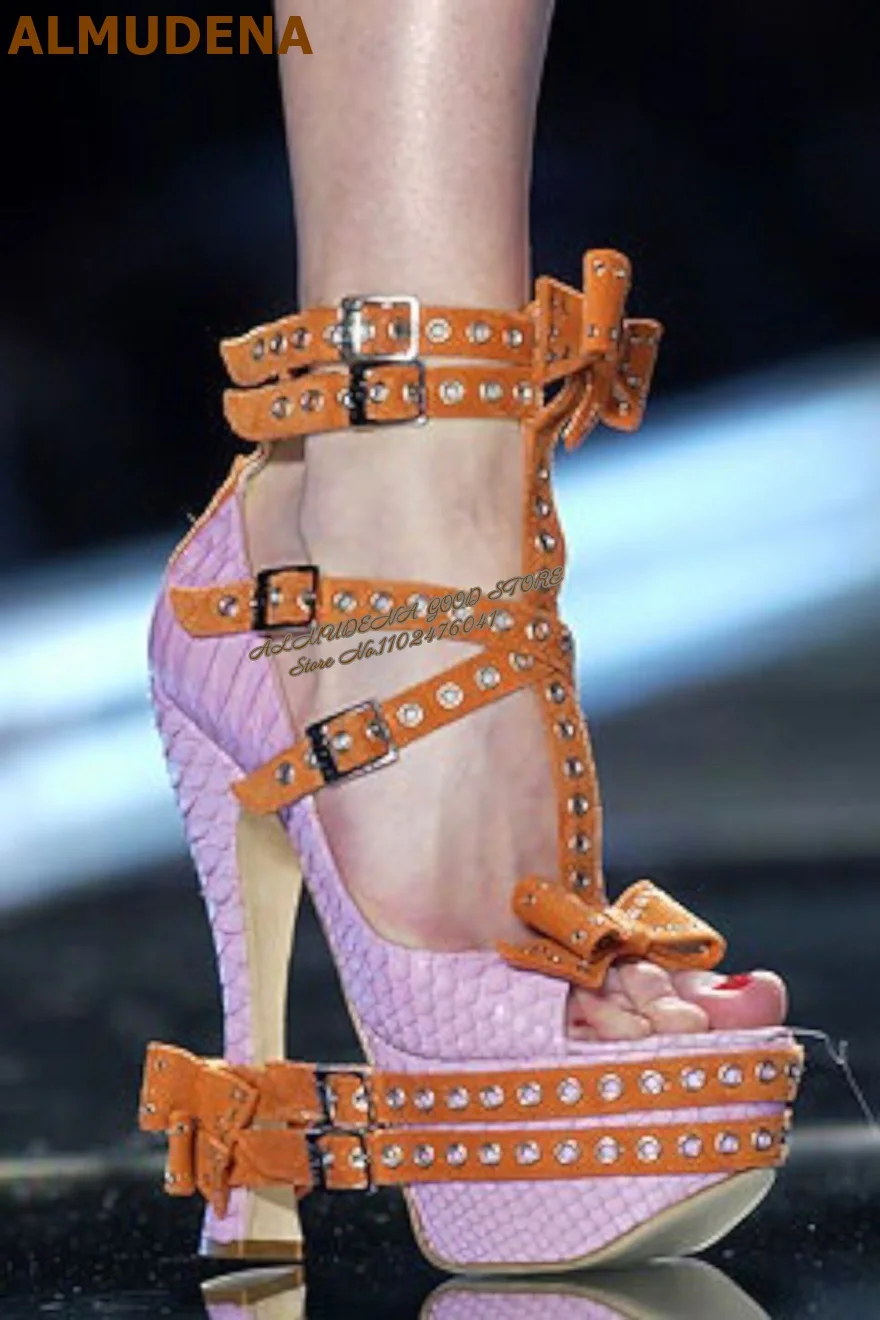 Gothic Platform High Heels Sandals Snake Print Peep Toe Rivets Strap Bow Decor Buckle Strappy Runway Show Party Dress Shoes