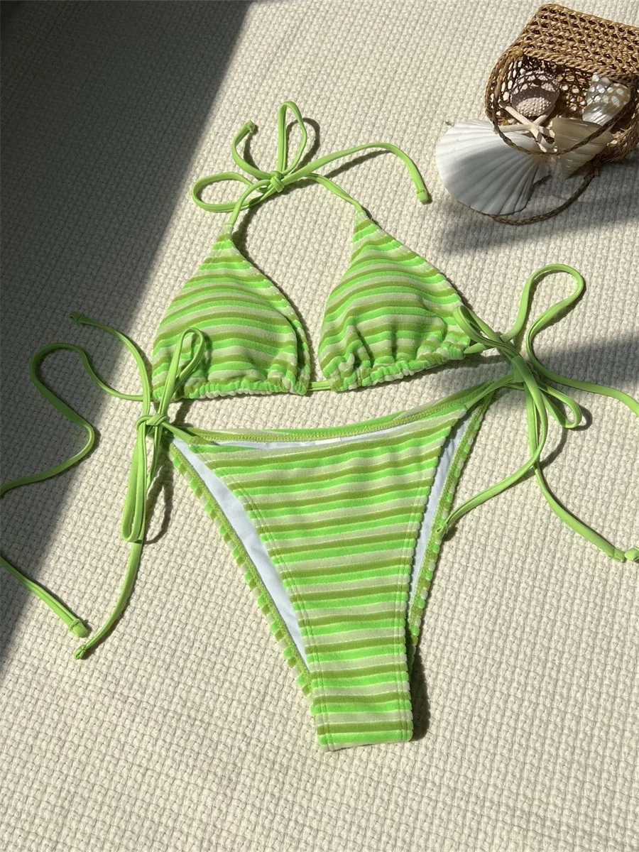 

Сексуальный розовый полосатый купальник бикини для женщин 2025, бюстгальтер пуш-ап, купальный костюм с завязками по бокам, стринги, купальник, бразильские комплекты микро бикини