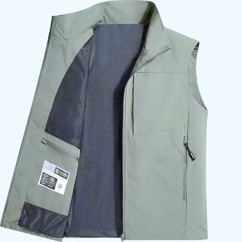 เสื้อกั๊กลำลองสำหรับผู้ชาย ฤดูใบไม้ร่วงและฤดูหนาว เสื้อกั๊กกลางแจ้งสำหรับวัยกลางคนและผู้สูงอายุ มีกระเป๋า เสื้อแจ็คเก็ตแขนกุด คอตั้ง