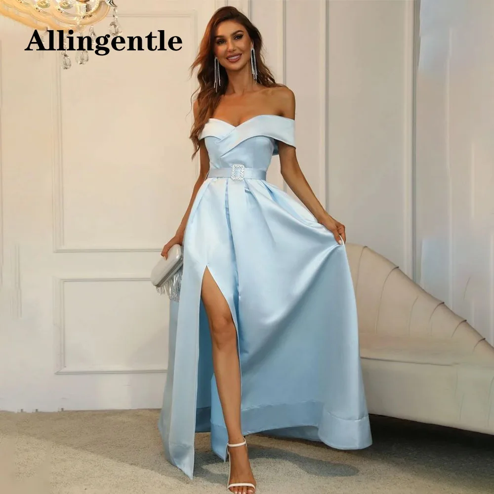 

Allingentle Sky Blue Off Shoulder Satin Graduation Evening Dress for Women Side Slit Elegant A Line Prom Party Gown Floor Length