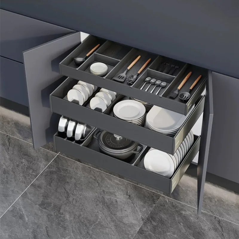

Goldmine aurora 3-layers soft close slide pullout baskets cabinet pullout drawers for dishes organization and pots organization