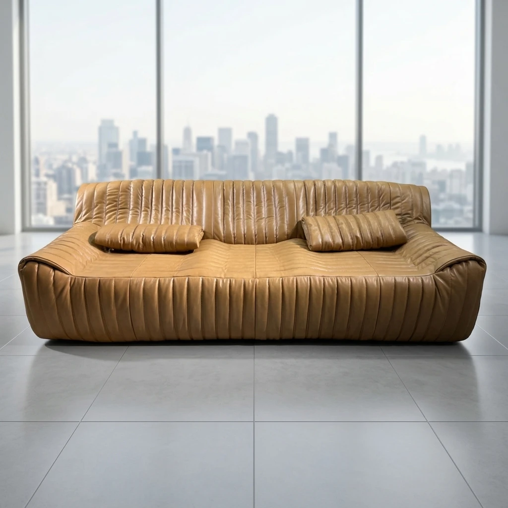 Luxury tan ribbed leather sofa, postmodern style, multi-section, top-grained cowhide, groove design
