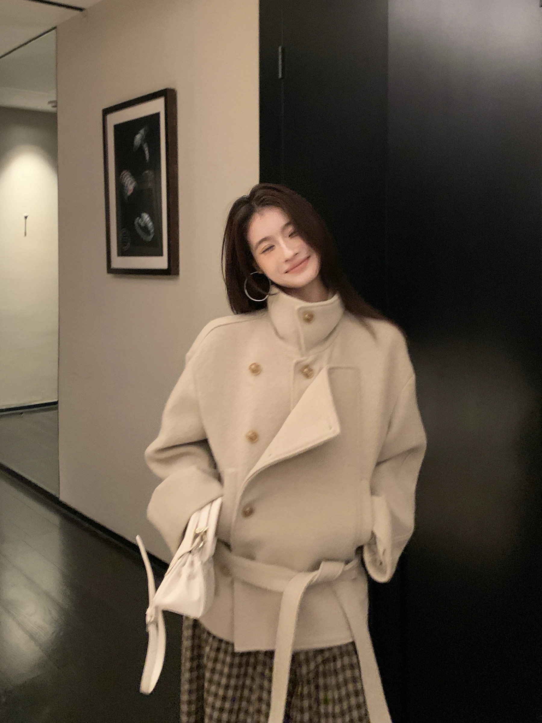

Buou Mermaid Sle ort Woolen Coat Women's Belted Waist ape High-End Feel Commute Korean Loose Fit Long Sve Coat
