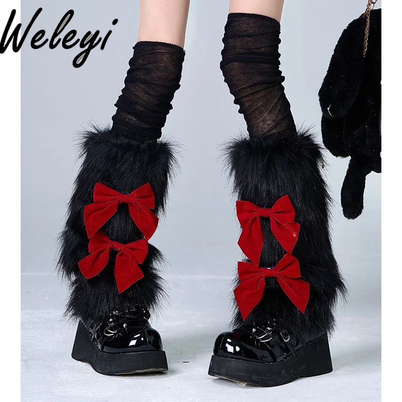 Original Christmas Lolita Sweet Plush Socks Jirai Kei Style 2024 Wintwe New Big Red Bow Warm Fur Legs and Over Knee Socks Woman