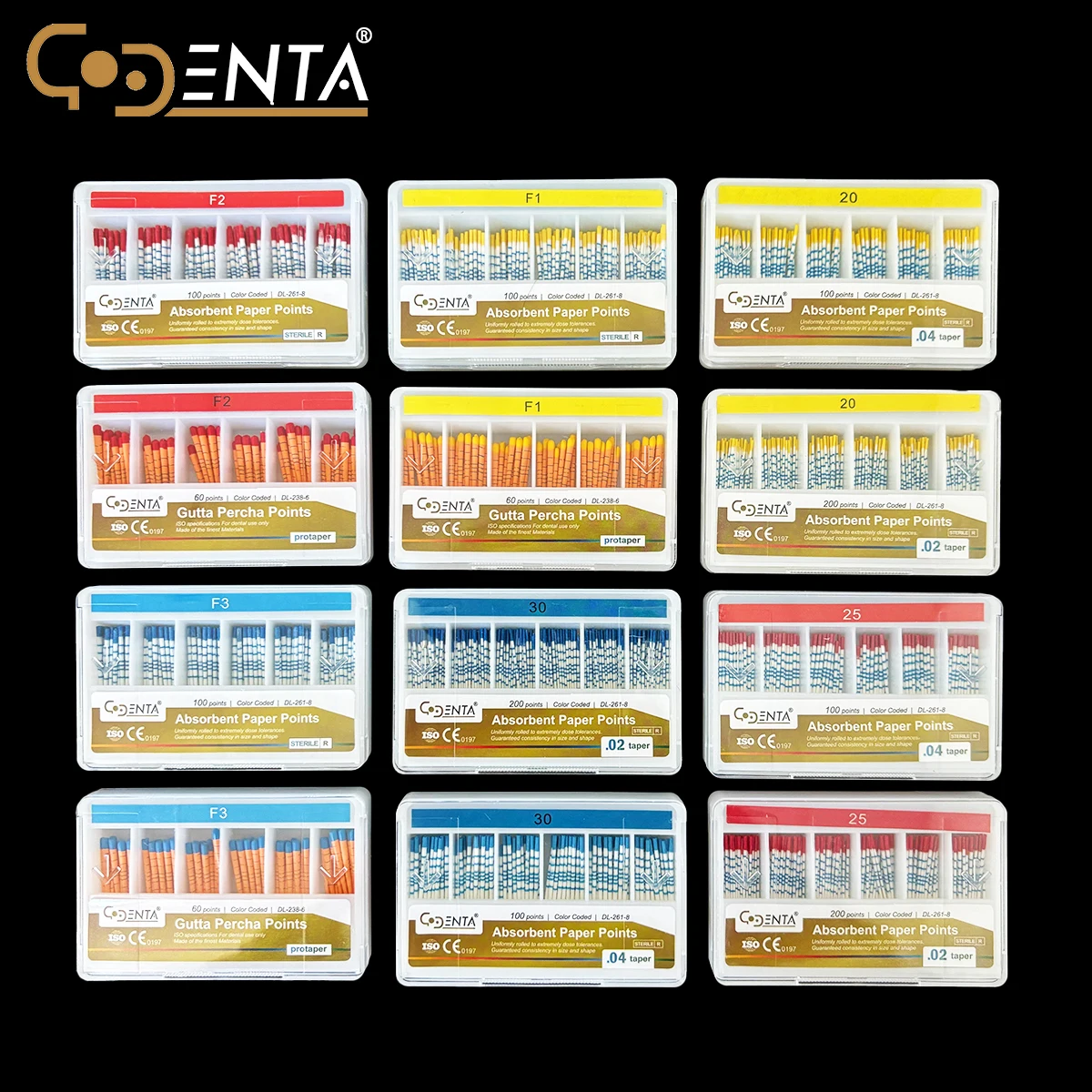 

Стоматологические абсорбирующие гуттаперчевые палочки, стерильный материал для пломбирования корневых каналов, конусность 02/04/F, цветовая кодировка, для эндодонтической терапии, с наконечником