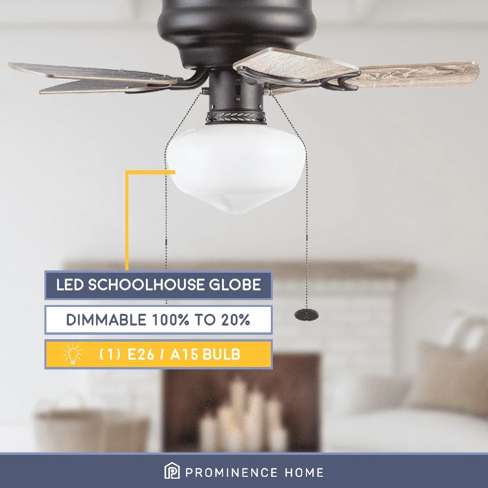 مروحة سقف برونزية مقاس 28 بوصة مع سلاسل سحب LED خفيفة قابلة للتعتيم، شفرات قابلة للعكس، تصميم منخفض المستوى للاستخدام الداخلي