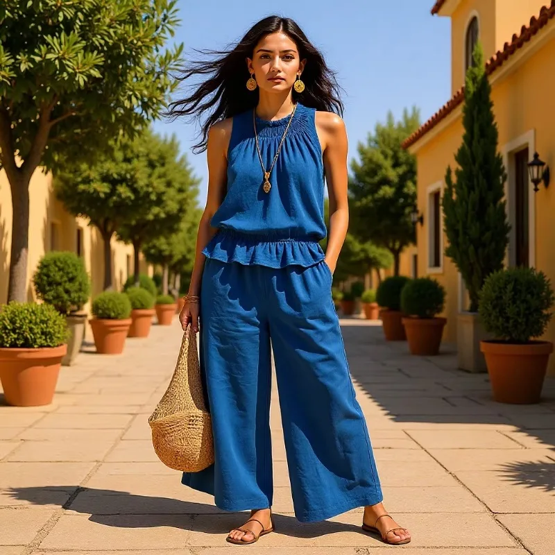 Women Linen‑Blend 2 Piece Outfits Smocked Crew Neck Sleeveless Tank Top Wide Leg Pants Ruffle Hem Vacation Matching Suits