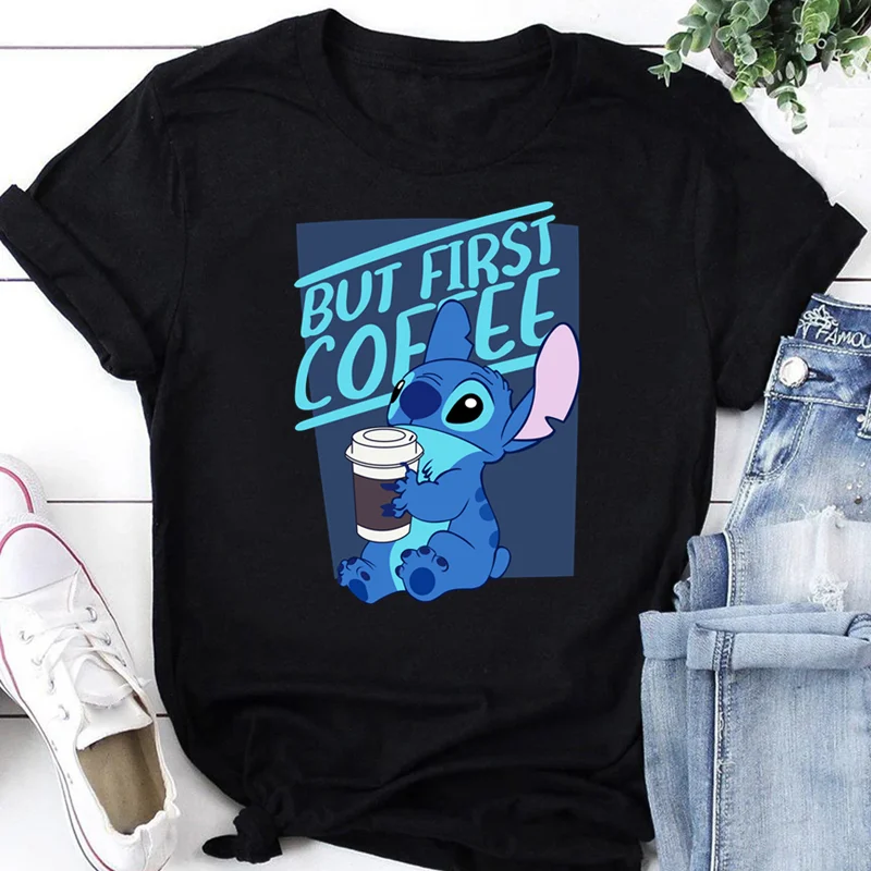 しかし、最初にコーヒーを飲む リロとスティッチの漫画Tシャツ トップス 女性用 レディース S-3XL 夏用 女性用Tシャツ ブラック Oネック カジュアルTシャツ