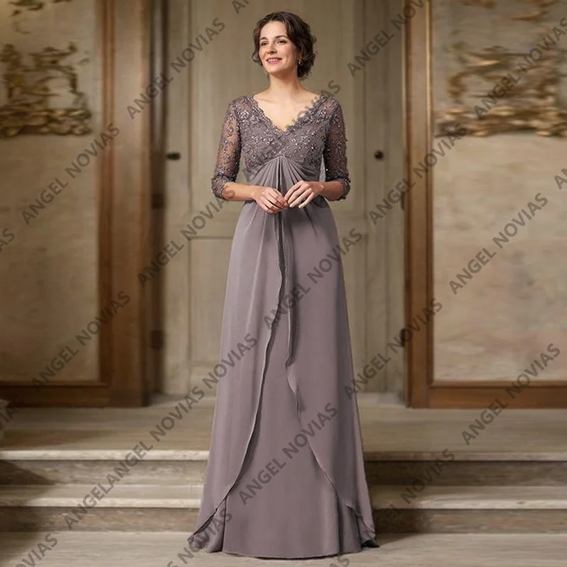 

Muslim Customized Long V Neckline Mother of the Bride Dresses with Half Sleeves vestido madre del novia