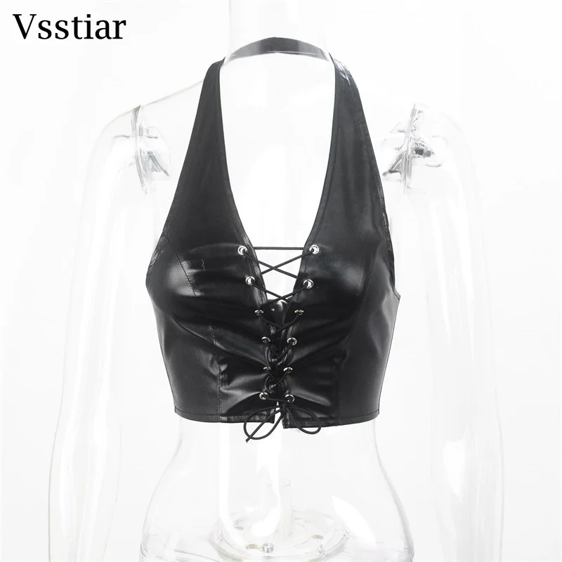 Vsstiar New Fashion Leather PU Women Vest Sexy V Neck Backless Halter Crop Top Summer Lace Up Party Clubwear Tanks Black White