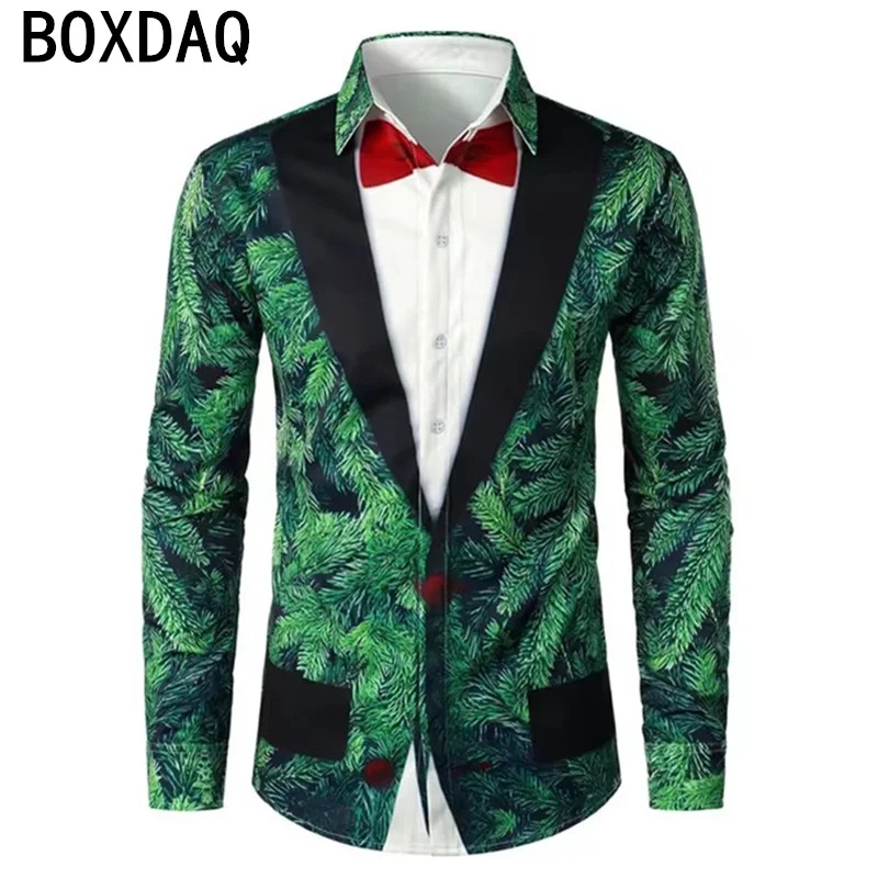 Men's Christmas Style Shirt Long Sleeve Long sleeved Lapel Personalized Party Blouse Vintage 3d Print Fake Two-piece Suit Shirt