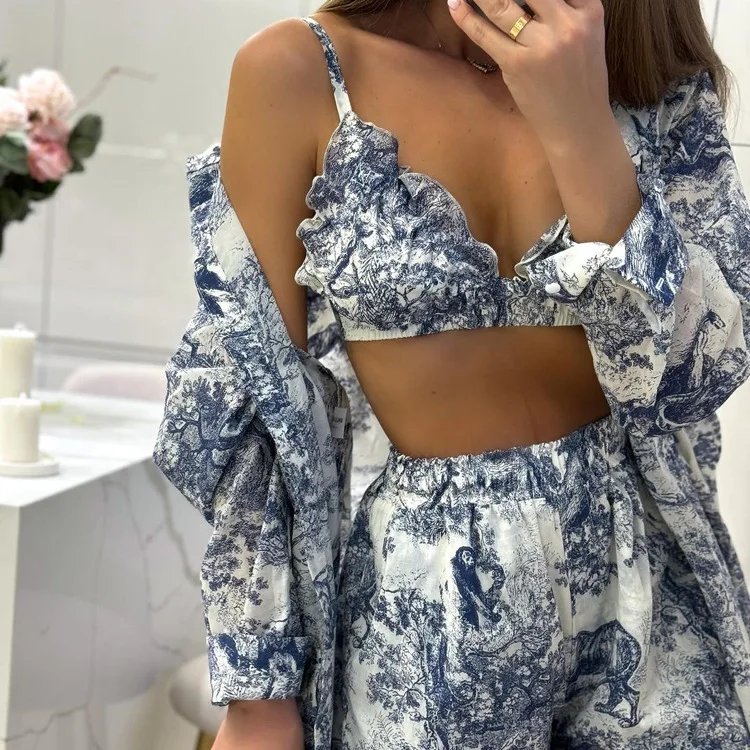 Ink Graphic Print Shorts Sets 2024 Summer New Chic Long Sleeve Cardigan+Sexy Bra+Shorts Outfits Women Casual Fashion 3 Piece Set