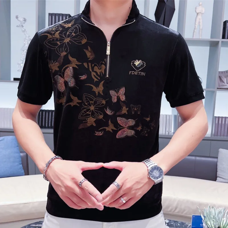 Hot Diamond Polo Short Sleeve Large Men Summer Personalized Fashion Brand Pattern Standing Neck Zipper Loose Trend Bottomed Top