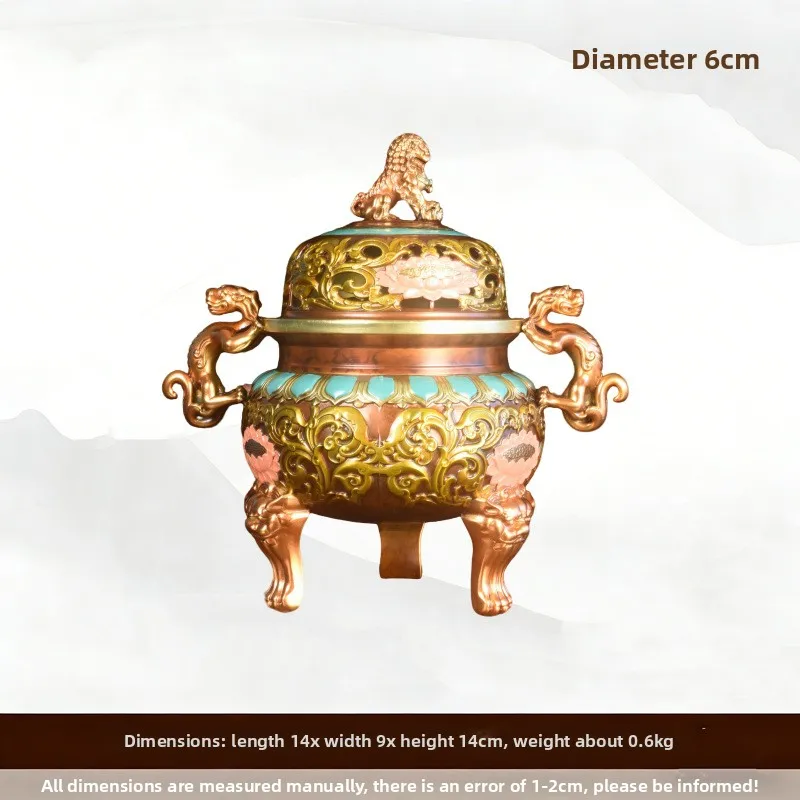 2026 Household Brass Censer Lion Lid Chi Dragon Ear Design Tripod Incense Burner Living Room Desktop Worship Ornament