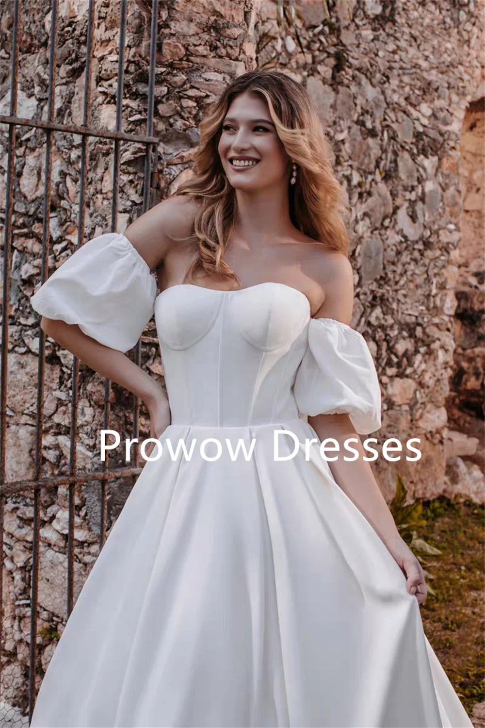 

Prowow Elegant Ivory A Line Wedding Dress With Detachable Sleeves Sweetheart Floor Length Bridal Gown Pleats Satin Customized