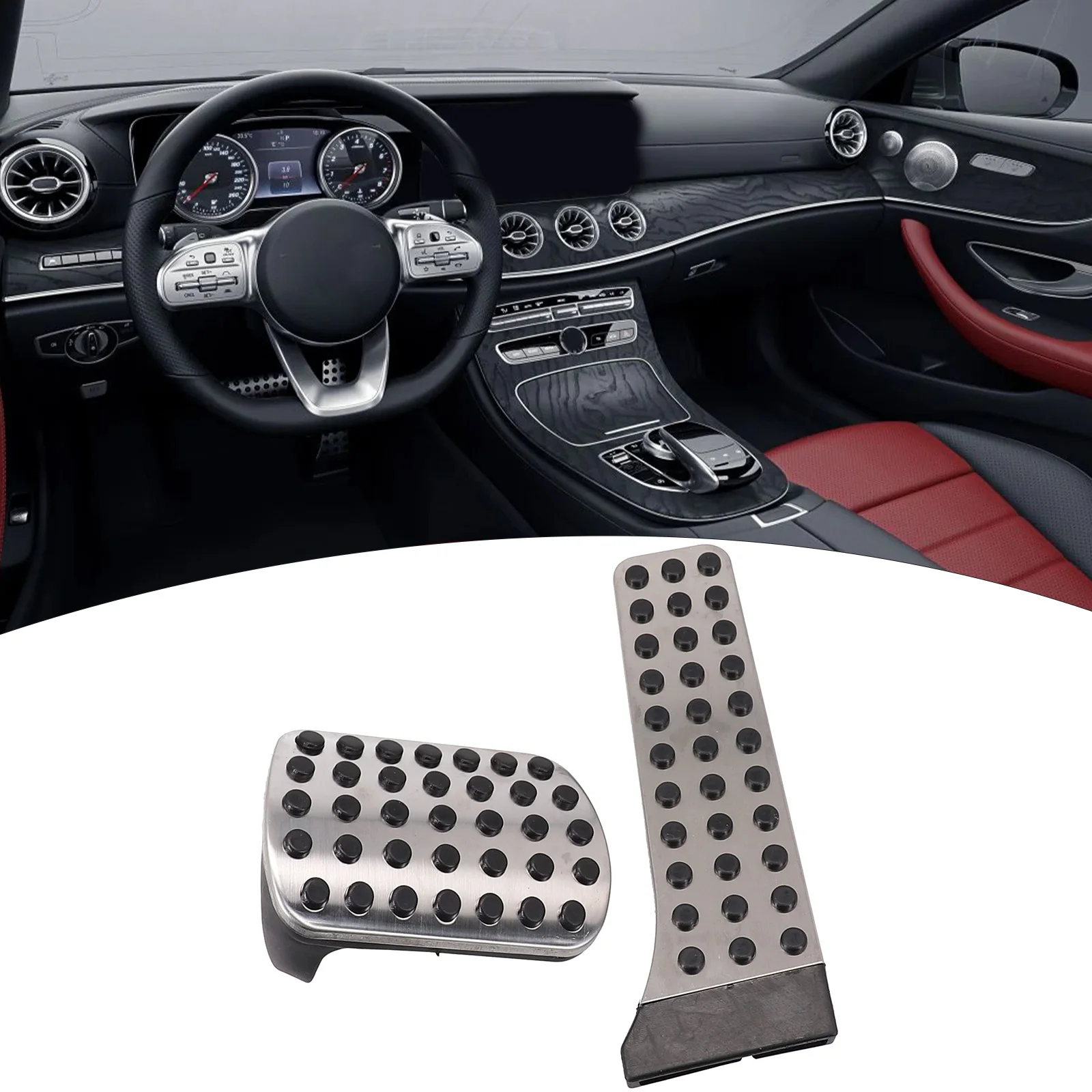 2 Pcs No Drill Fuel Brake Pedal Pad Cover 304 Stainless Steel + Rubber For Mercedes-Benz C E S W222 W205 W213 Accelerator Pedal