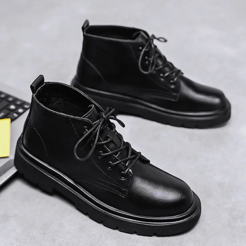 Leather Black Men High Top Lace Up Boots Autumn British Motorcycle Ins Hong Kong Couple Anti Slip Height Increase Workwear Shoes - view 4