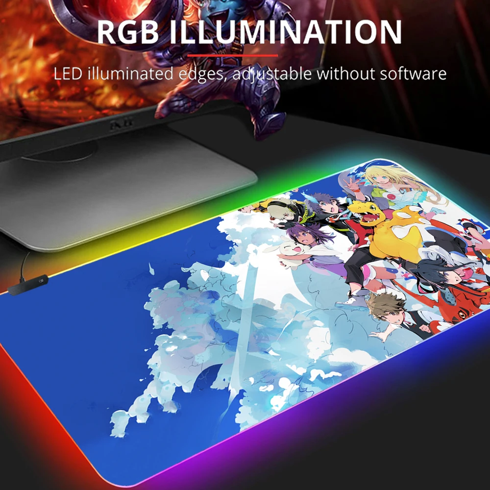 RGB Mouse Pads Anime Digimon Mats Pad Cute Mousepad Table Mat Gaming Room Accessories Gamer Computer PC Cabinet Gamers Complete