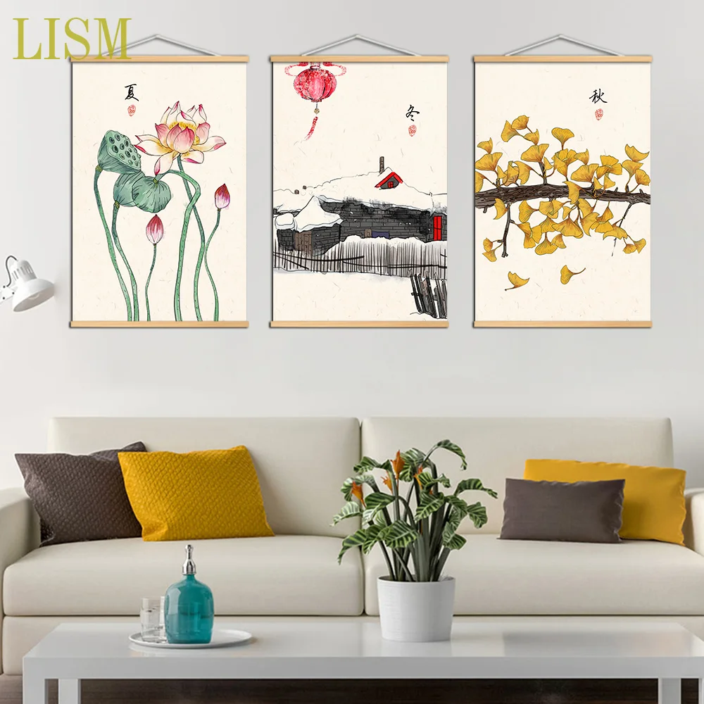 

Chinese Four Seasons of Spring Summer Autumn and Winter canvas decorative painting room wall art solid wood scroll painting