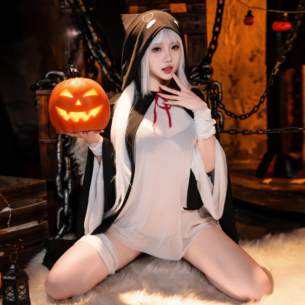

Halloween See Through Ghost Cosplay Set Hooded Cloak Women Role Play Costume Nightwear Lingerie Outfits