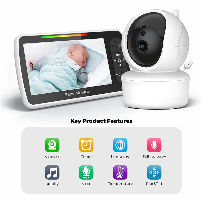Neues 5-Zoll-Ninnlieder-Video-Babyphone mit Kamera und Audio-Fernbedienung, Schwenk-Neige-Zoom, 2-Wege-Audio-Temperatursensor, EU-Stecker