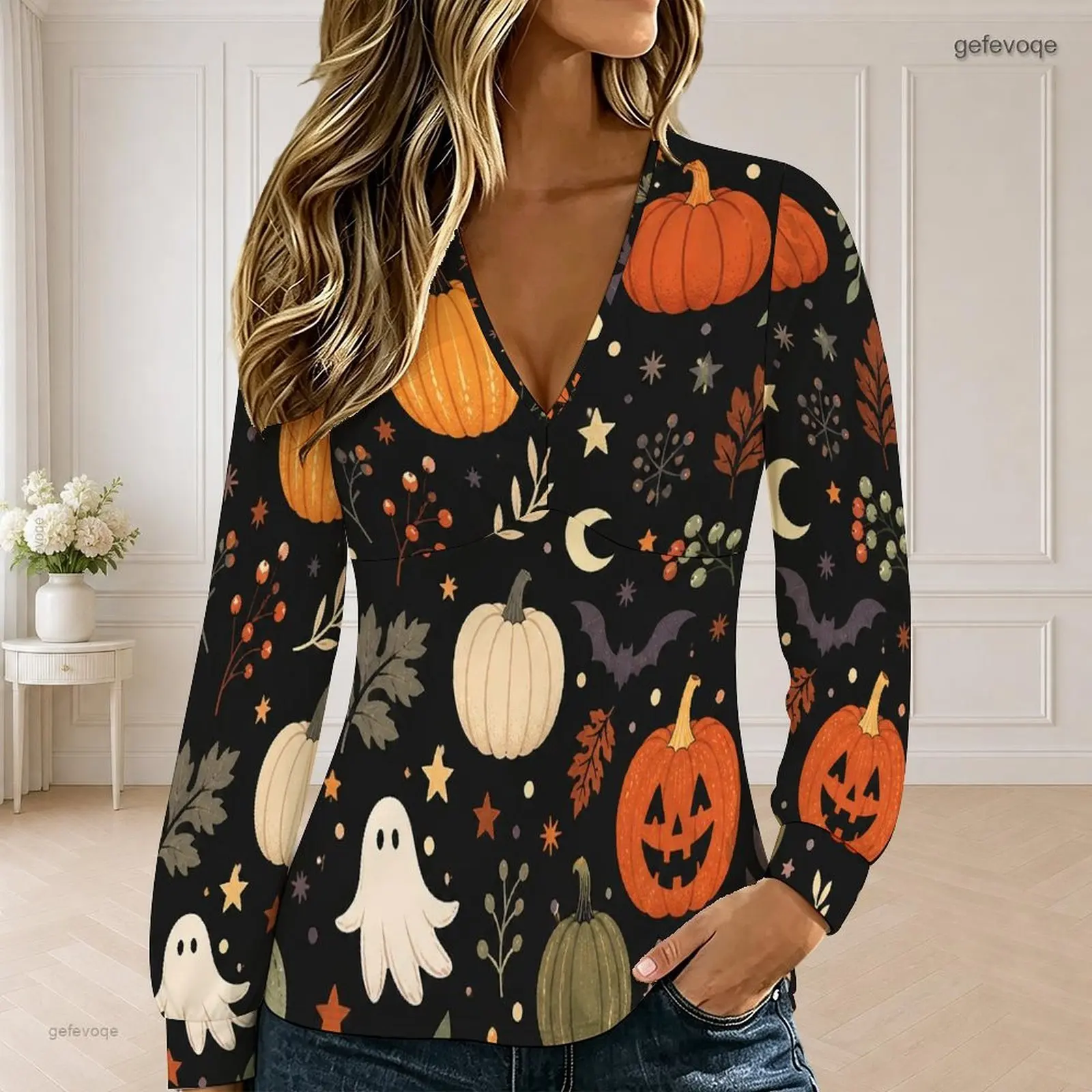 Women V Neck Long Sleeve Top Black Halloween Pumpkin Ghost Bat Star Moon Leaf Print Fitted Casual Top
