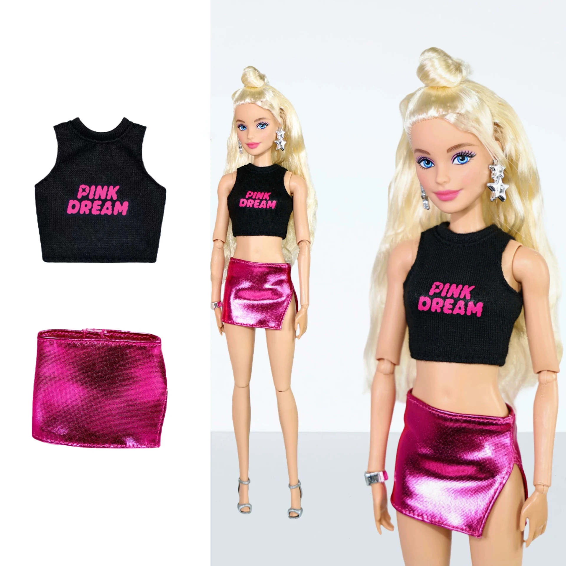 

30cm Doll Clothes Accessories Fashion Y2K Spice Girls Sexy Black Letter Vest + Pink Slit Skirt Set For 1/6 OB24 Supermodel Doll