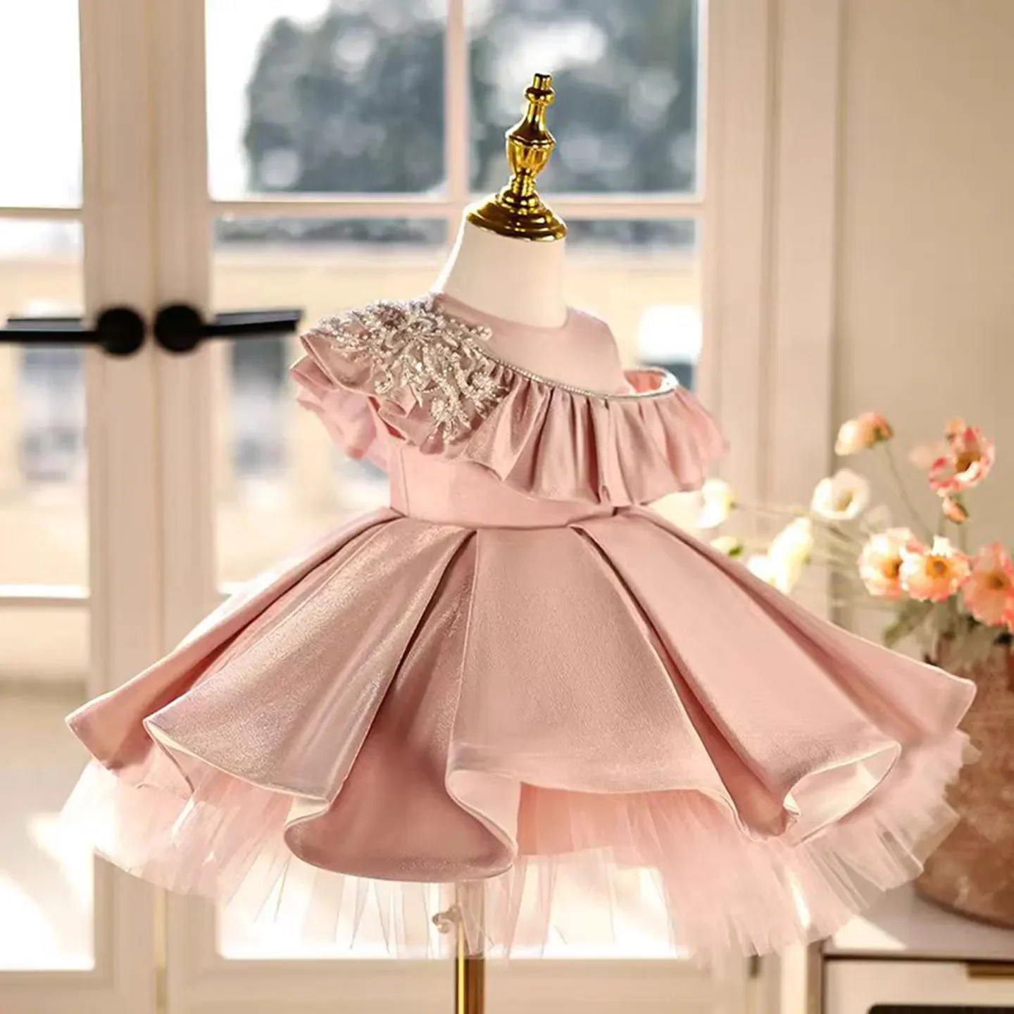 custom-girls-luxury-one-shoulder-lace-applique-ruffle-satin-tulle-short-flower-girl-dress-wedding-party-gown-birthday-party
