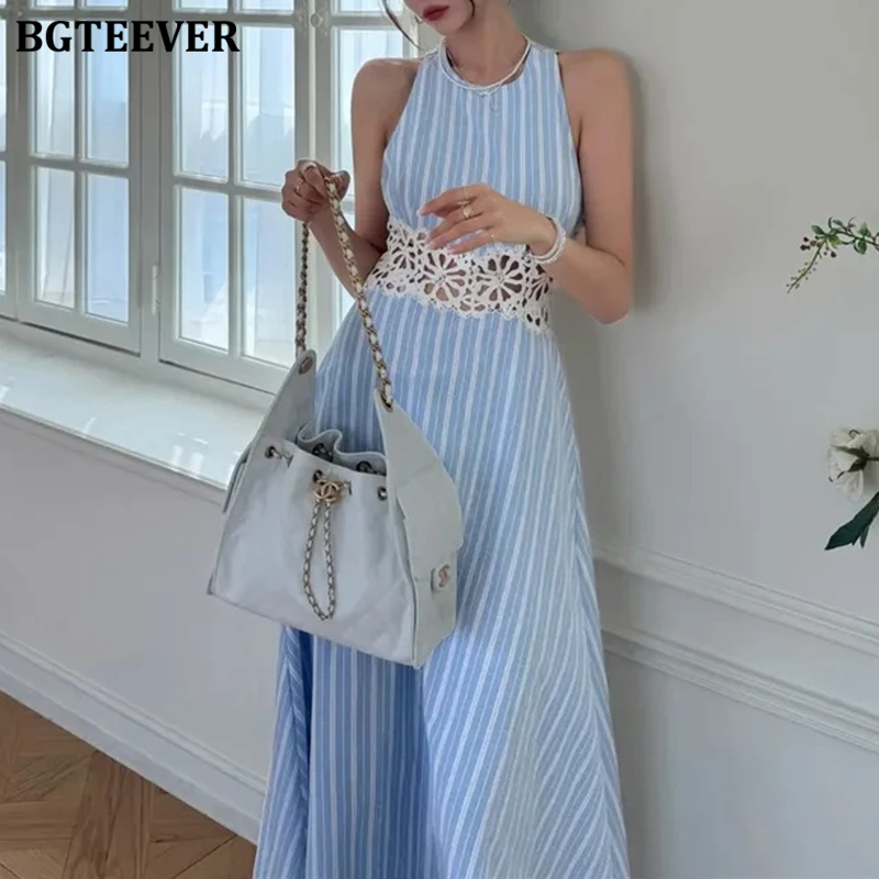 

BGTEEVER Casual O-neck Slim Waist Hollow Out Women Lace Striped Vest Dress Summer Fashion Ladies Sleeveless A-line Dress